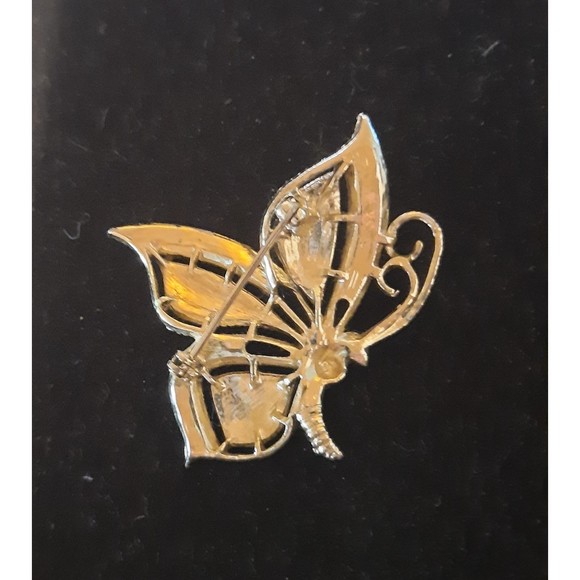 Butterfly Vintage Brooch Gold Tone Green Rhinestones  Yellow Enamel AS IS - Picture 6 of 8